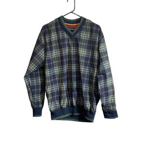 Vintage 90s Catalina Golf  Windbreaker Blue Green Plaid Pullover V-Neck Medium